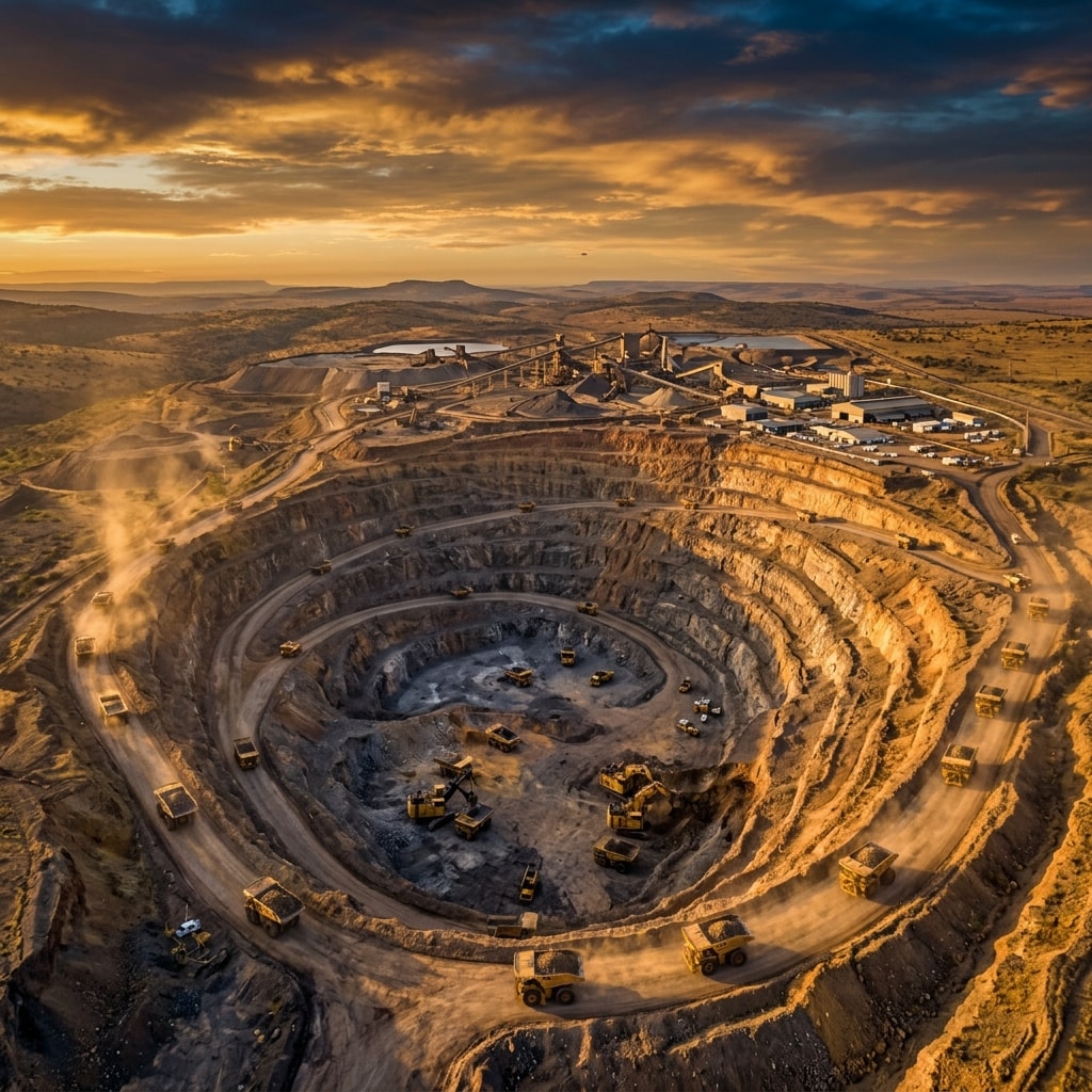 Aerial view of a vast South African open-pit gold mine at golden hour